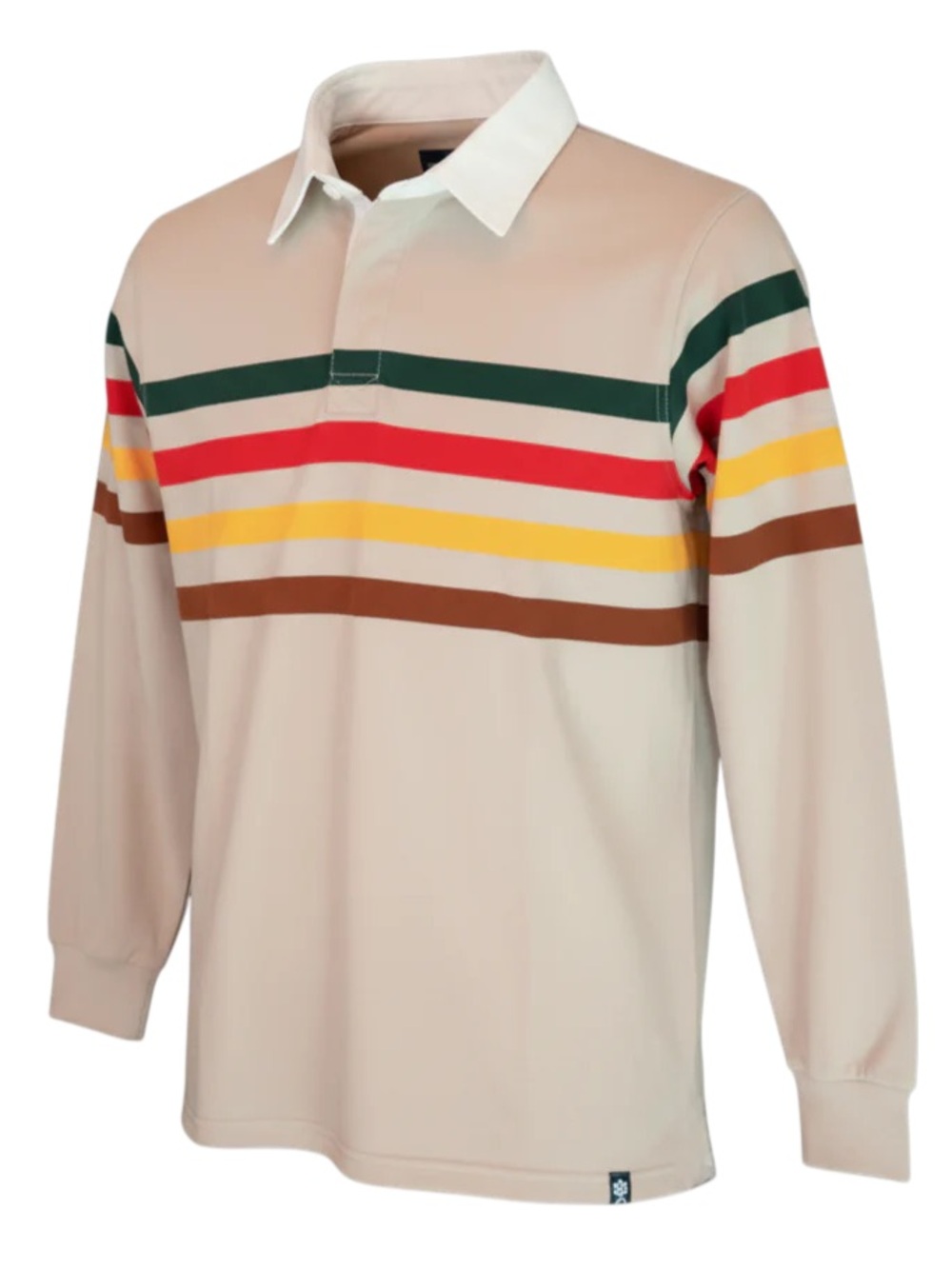 Men's Beige Long-Sleeve Rugby Shirt with Multicolor Stripes